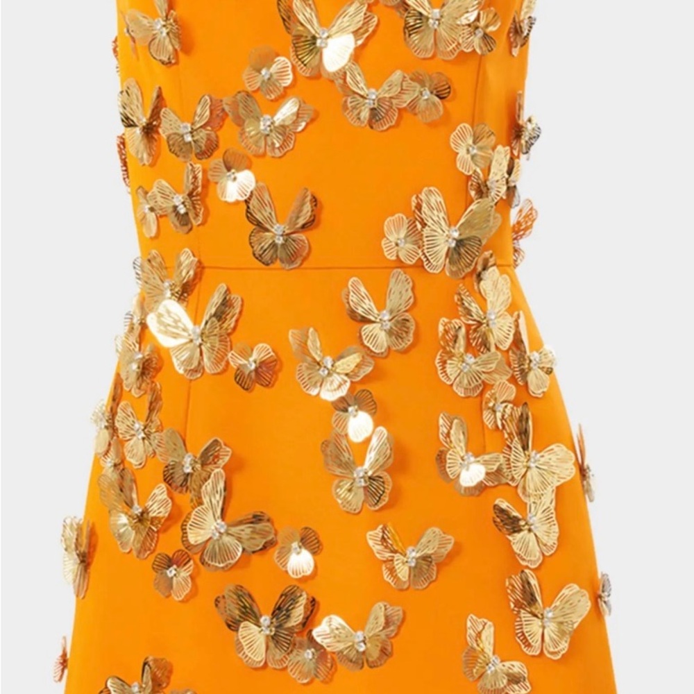 Carolina Herrera Orange Gold Embellished Sheath Cocktail Dress